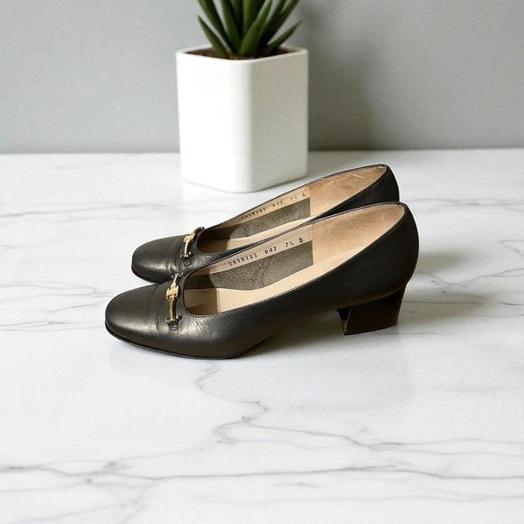 Salvatore Ferragamo Leather Block Heel Pumps Bronze Metallic Classic - Picture 3 of 7